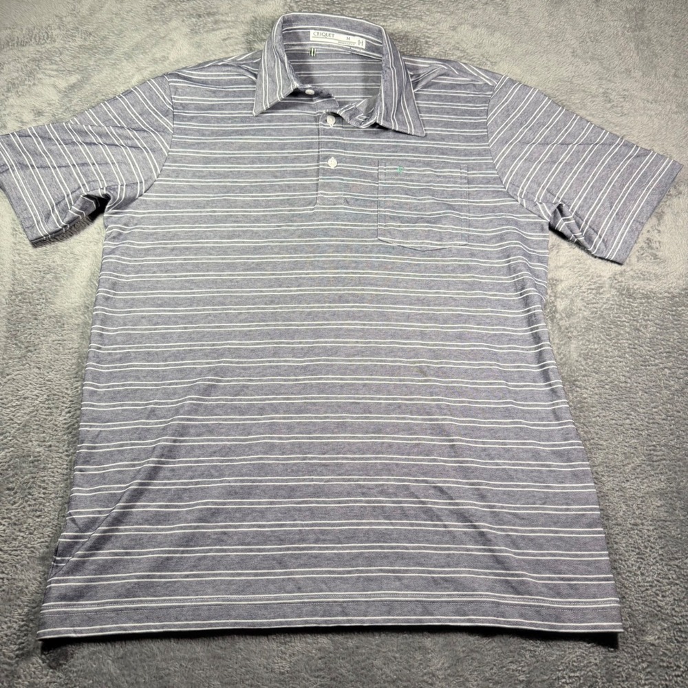 Criquet Mens Players Shirt Polo Blue White Striped Short Sleeve Pocket Size M